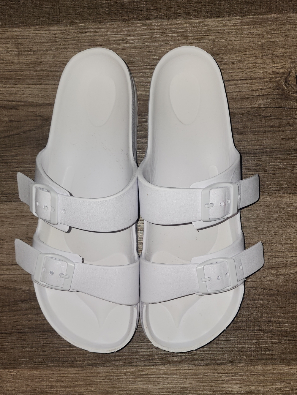 Time and Tru White Double Buckle Slide Sandals